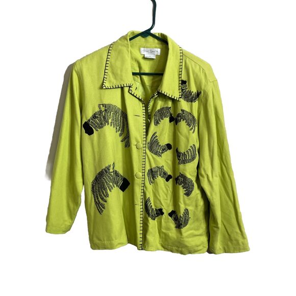 Vtg Great Cavalier Women’s Lime Green Zebra Embroidery Silk Jacket Pockets Sz M - Picture 1 of 7